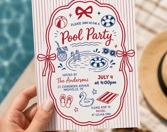 Patriotic Pool Party Invitation Template | July 4th Summer Celebration Invite | Editable Red White Blue Canva Party Invite