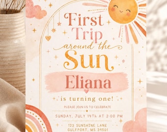 First Trip Around Sun Birthday Invitation | Pink Boho Sunshine Party (Digital Invite)