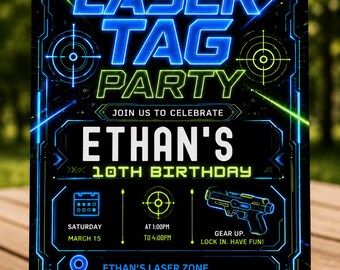 Laser Tag Birthday Invitation, Glow Party Invite, Neon Gamer Birthday Invitation, Editable Canva Template, Boys Birthday Party Invite