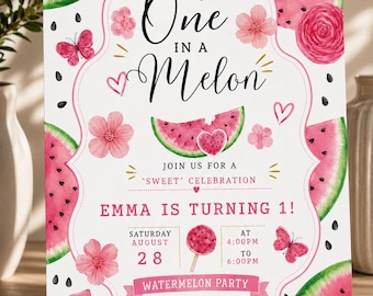 One in a Melon Birthday Invitation, Watermelon First Birthday Invite, Sweet One Watermelon Party, Girl 1st Birthday Invitation