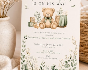 Editable Baby Boy Baby Shower Invitation, Teddy Bear Baby Shower Invite, Sage Green Baby Shower Template, Neutral Baby Boy Invitation