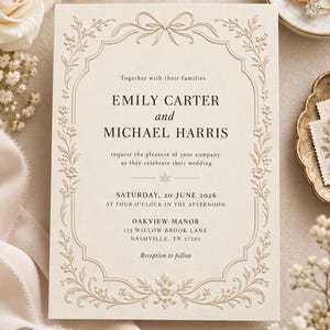 May include: A cream-colored wedding invitation card featuring an embossed border with floral motifs and a bow at the top. The text reads: Together with their families, Emily Carter and Michael Harris request the pleasure of your company as they celebrate their wedding, Saturday, 20 June 2026, at four o'clock in the afternoon, Oakview Manor, 123 Willow Brook Lane, Nashville, TN 37205, Reception to follow.