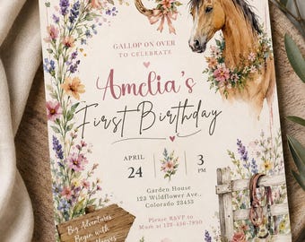 Editable Horse First Birthday Invitation Template, Pony Birthday Invite, Wildflower Cowgirl Party Invite, Canva Editable Digital Download