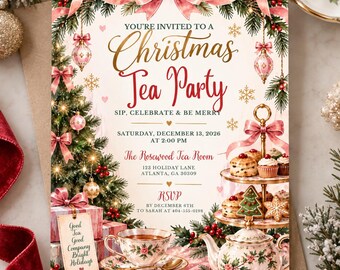 Op de afbeelding: Een uitnodigingskaart voor een kersttheefeestje met een versierde boom, een etagère met gebak, een theepot en een theekopje. De tekst luidt: You're invited to a Christmas Tea Party, Saturday, December 13, 2026, at 2:00 PM.