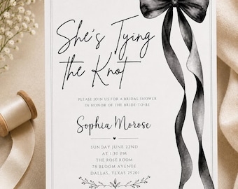 She's Tying The Knot Bridal Shower Invitation, Elegant Bridal Shower Invite, Black and White Bridal Shower Template, Editable Canva