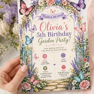 May include: A rectangular birthday party invitation card featuring a floral garden archway, butterflies, and stone path. Text reads: Flutter on over! Olivia's 5th Birthday Garden Party! Come celebrate with us for a day full of fun, flowers & friends! Date: Saturday, June 21, 2026, Time: 2:00 PM, Place: Rose Blossom Pavilion, 123 Garden Lane, Springfield, TX 75001, RSVP: Kindly RSVP to Emma at (469) 555-9876 by June 5th.