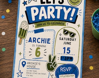Cool Boys Birthday Invitation Template, Modern Kids Birthday Invite, Editable Canva Birthday Invitation, Trendy Blue Party Invite