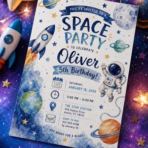 May include: A rectangular invitation card featuring watercolor space illustrations including a rocket, astronaut, planets, and stars. The text reads: You're invited to a Space Party to celebrate Oliver 5th Birthday, Saturday, January 18, 2026, 3:00 PM - 6:00 PM, The Star Station 456 Galaxy Drive Austin, TX 78701, RSVP to Mia 512-555-0198 by January 10, Get ready for a blast!
