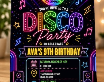 Disco Birthday Invitation, Neon Disco Party Invite, Glow Dance Party Invitation, Retro Disco Ball Birthday, Editable Canva Template