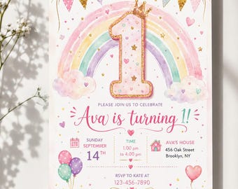 Rainbow 1st Birthday Invitation Template, First Birthday Invite, Pastel Rainbow Party Invite, Editable Canva Template, Girls Birthday