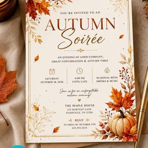 May include: An invitation card for an Autumn Soirée featuring watercolor illustrations of orange and red maple leaves, berries, and a pumpkin. The text includes event details for Saturday, October 18, 2026, at The Maple House in Nashville, TN.