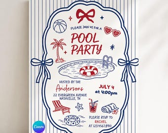 Patriotic Pool Party Invitation Template | July 4th Summer Celebration Invite | Editable Red White Blue Canva Party Invite