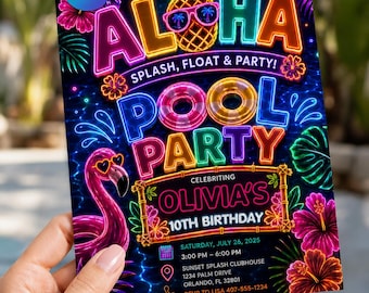 Neon Aloha Pool Party Invitation | Tropical Luau Birthday (Digital Download)
