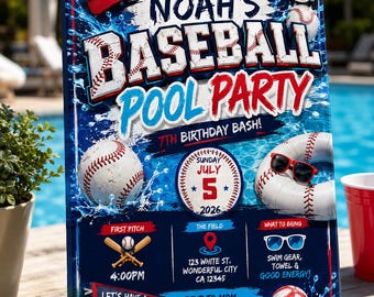 Baseball Pool Party Invitation, Baseball Birthday Pool Party Invite, Summer Pool Birthday Invitation, Editable Canva Template,