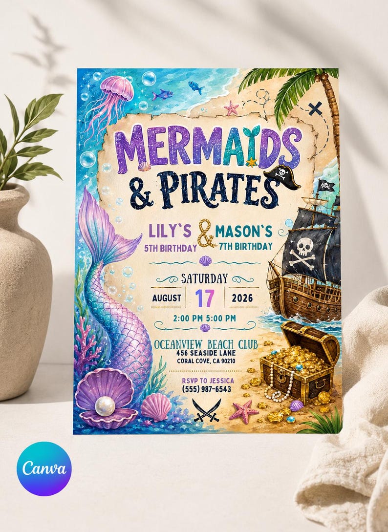 Op de afbeelding: Een rechthoekige verjaardagsuitnodigingskaart met een zeemeerminstaart, een piratenschip en een schatkist. De tekst luidt: MERMAIDS & PIRATES, LILY'S 5TH BIRTHDAY & MASON'S 7TH BIRTHDAY, SATURDAY AUGUST 17 2026, 2:00 PM 5:00 PM, OCEANVIEW BEACH CLUB.
