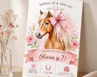 Pink Bow Horse Birthday Invitation Template | Cowgirl Party, Editable Canva Design
