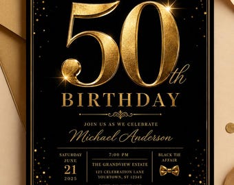 50th Birthday Invitation Template | Black Gold Luxury Party Invite (Editable Canva)