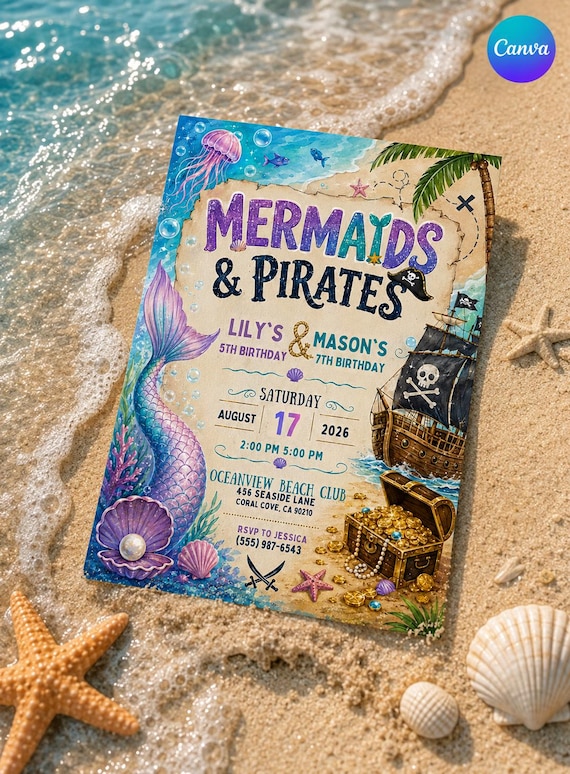 Mermaid and Pirate Birthday Invitation, Sibling Birthday Invite, Editable Canva Template, Joint Birthday Party Printable Invite