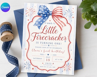 Little Firecracker 1st Birthday Invitation | Patriotic July Fourth Party Invite (Editable Canva Template)