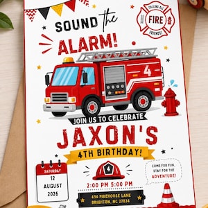 Fire Truck Birthday Invitation, Firefighter Birthday Invitation, Fireman Birthday Invite, Fire Engine Party, Editable Canva Template