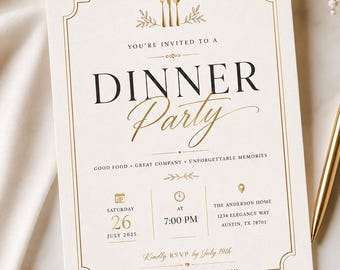 May include: A cream-colored dinner party invitation card featuring gold foil accents, a decorative border, and a fork, knife, and spoon icon. The text reads: You're invited to a DINNER Party, Good Food, Great Company, Unforgettable Memories, Saturday 26 July 2025, 7:00 PM, The Anderson Home, 1234 Elegance Way, Austin, TX 78701, Kindly RSVP by July 19th, 555-123-4567, RSVP@EMAIL.COM.