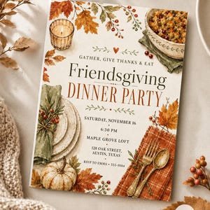 May include: A Friendsgiving dinner party invitation card featuring watercolor illustrations of autumn leaves, a lit candle, a bowl of food, stacked plates with a green napkin, a pumpkin, and gold cutlery on a plaid napkin with text details.