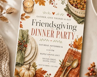 May include: A Friendsgiving dinner party invitation card featuring watercolor illustrations of autumn leaves, a lit candle, a bowl of food, stacked plates with a green napkin, a pumpkin, and gold cutlery on a plaid napkin with text details.