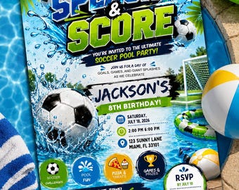 Soccer Pool Party Invitation, Splash and Score Birthday Invite, Soccer Birthday Party, Summer Pool Party Template, Editable Canva Invitation