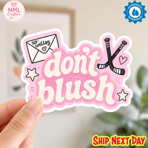 May include: A die-cut sticker featuring the text "don't blush" in cream-colored letters with a pink outline. The design includes a white envelope labeled "To: Wellsy" with a heart, two crossed black hockey sticks, and small cream-colored stars.