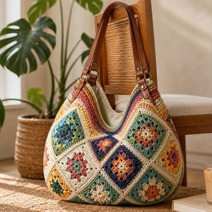 May include: A hobo-style shoulder bag constructed from multi-colored crochet granny squares in shades of cream, mustard yellow, sage green, terracotta, and navy blue, featuring two brown leather straps attached with gold-toned metal hardware rings.