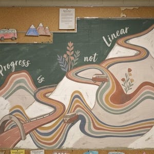 Könnte beinhalten: Ein Wandgemälde mit einer kurvenreichen Straße durch Berge und dem Text 'Progress is not Linear'. Das Design zeigt mehrfarbige, wellenförmige Linien, kleine Wohnmobil-Illustrationen und florale Akzente in gedeckten Farben auf dunkelgrünem Grund.
