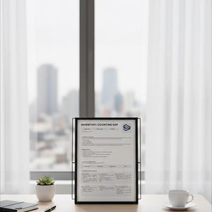 Könnte beinhalten: Ein vertikaler schwarzer Metallrahmen mit einem Dokument mit dem Titel INVENTORY COUNTING SOP. Das Dokument enthält eine Tabelle mit Spalten für Anforderungen, Häufigkeit und Aufgaben sowie Abschnitte zur Bestandsanalyse und Zählung.
