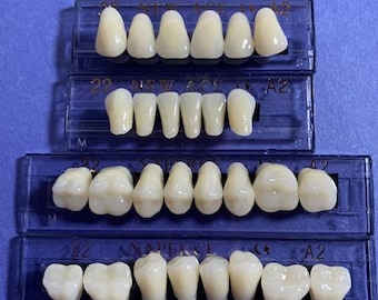 One complete set of acrylic resin denture/false teeth. Available in shade A2 size 22
