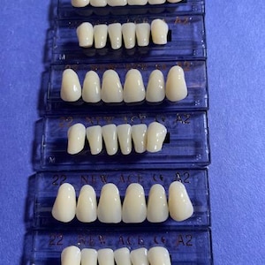 May include: A set of eight dental crowns in various shades of white, arranged in rows on blue plastic trays. The trays are labeled with the text "22 NEW ACE A2".