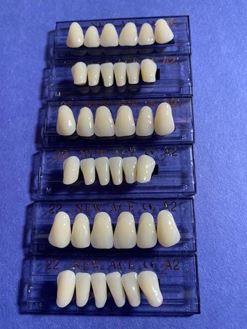 3 sets of Anterior Acrylic Resin denture/false teeth. Available in Shade  A2, size 22.