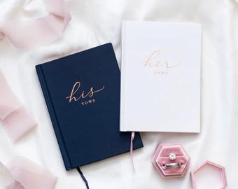 His & Hers Wedding Vow Books, Rose Gold Foil Gilded Hardcovers, Keepsake Renewal Marriage Book
