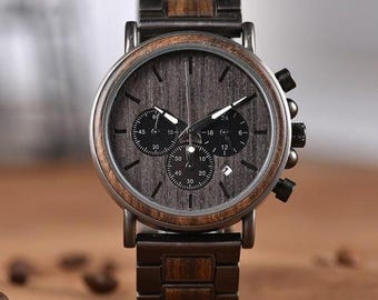 Personalized Engraved Wood Watch, Indonesian Blackwood Chronograph Men's Gift