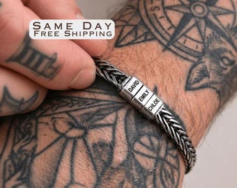 Personalized Stainless Steel Mens Bracelet, Engraved Name Beads, Minimalist Dad Gift