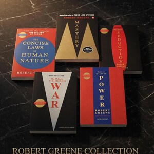 May include: A collection of five books by Robert Greene including The Concise Laws of Human Nature, Mastery, The Art of Seduction, The 33 Strategies of War, and The 48 Laws of Power. Each book features distinct cover art with bold typography and colors.