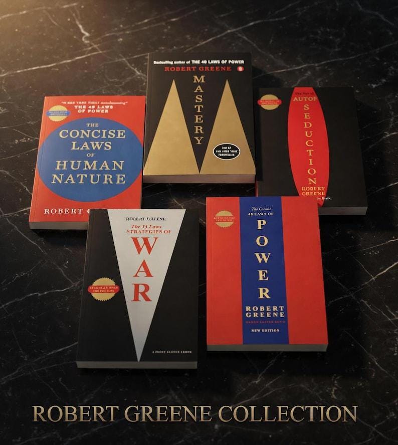 May include: A collection of five books by Robert Greene including The Concise Laws of Human Nature, Mastery, The Art of Seduction, The 33 Strategies of War, and The 48 Laws of Power. Each book features distinct cover art with bold typography and colors.
