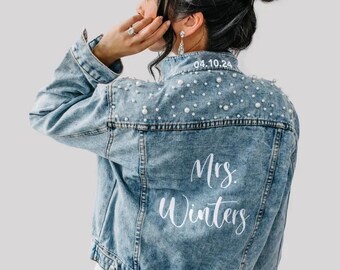 Embroidered Pearl Bride Denim Jacket, Personalized Future Mrs Jean Jacket