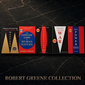 May include: A collection of five books by Robert Greene titled Mastery, The Concise Laws of Human Nature, The Art of Seduction, The 33 Strategies of War, and The 48 Laws of Power. The books feature bold red, black, white, and gold graphic covers.