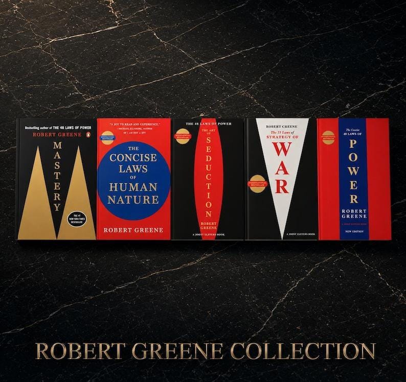 May include: A collection of five books by Robert Greene titled Mastery, The Concise Laws of Human Nature, The Art of Seduction, The 33 Strategies of War, and The 48 Laws of Power. The books feature bold red, black, white, and gold graphic covers.