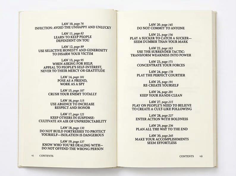 May include: An open book displaying a table of contents with black text on cream-colored pages. The left page lists laws 10 through 19, and the right page lists laws 20 through 30, each with corresponding page numbers and descriptive titles.