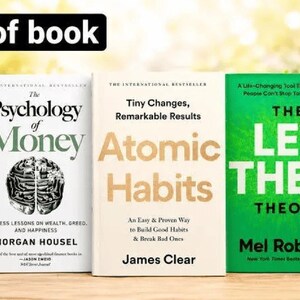 Pode incluir: Um conjunto de tr&ecirc;s livros, incluindo The Psychology of Money de Morgan Housel com capa branca, Atomic Habits de James Clear com capa creme e The Let Them Theory de Mel Robbins com capa verde, todos apresentando texto em preto.