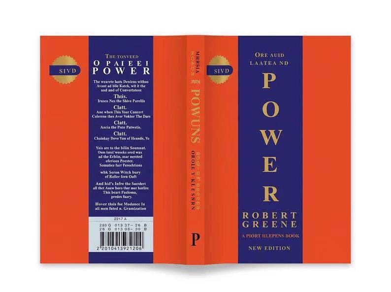 May include: A book jacket with a vibrant orange and deep blue color scheme. The front cover features the word POWER in large white letters, the author name Robert Greene, and the text A PIORT HLEPENS BOOK. The back includes text and a barcode.