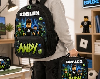 Personalized Roblox Inspired Backpack Set, Custom Name School Backpack Lunch Bag Pencil Case, Kids Gamer Back to School Gift