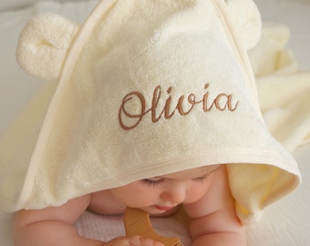Personalised Organic Cotton Hooded Baby Towel, Bear Ears Embroidery, UK Baby Shower Gift