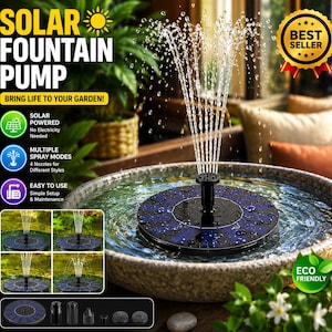 Pode incluir: Uma bomba de fonte solar preta e redonda flutuando numa bacia de pedra, pulverizando água para cima. A imagem inclui texto: SOLAR FOUNTAIN PUMP, BEST SELLER, SOLAR POWERED, MULTIPLE SPRAY MODES, EASY TO USE e quatro pequenas fotos de padrões.