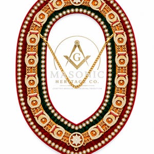 May include: An oval-shaped ceremonial collar featuring a deep red velvet border, a dark green inner band, and a gold chain. The collar is adorned with repeating gold-toned emblems, each featuring a star, red accents, and white stones.